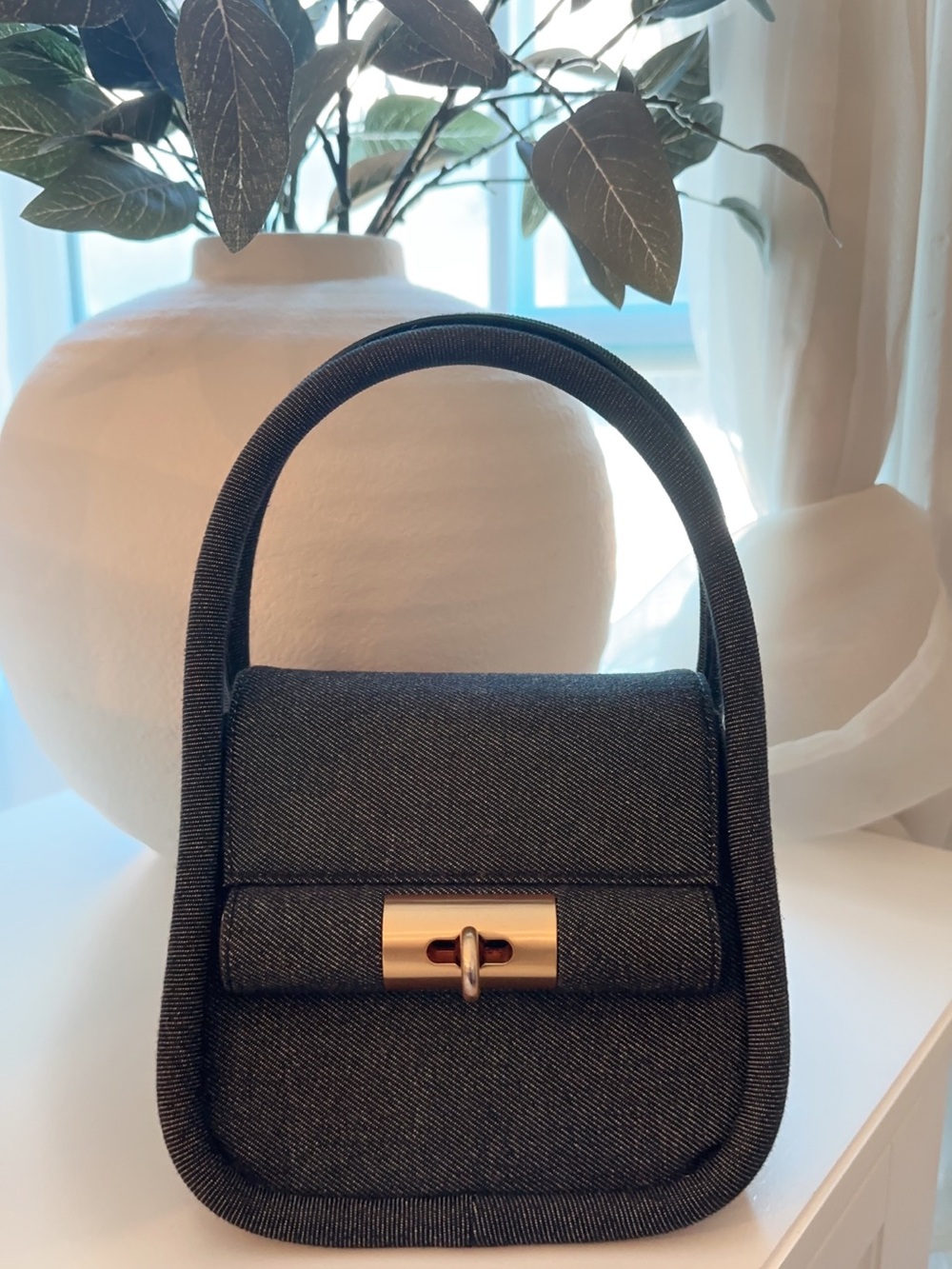 GU_DE Black Denim Top-Handle Women's handbag with Gold Turn-Lock